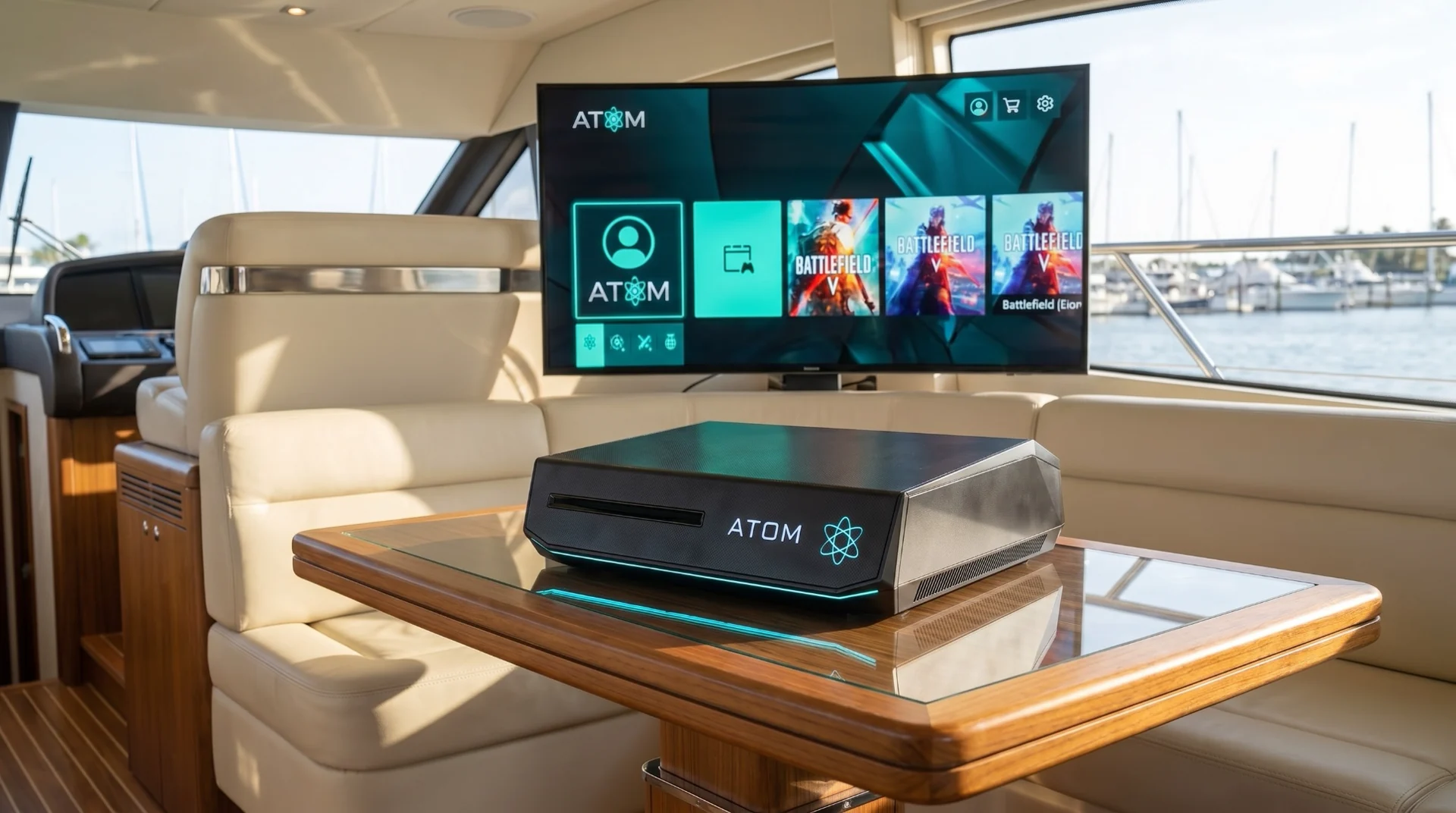 ATOM home dashboard on a wall TV showing the game library and the console below