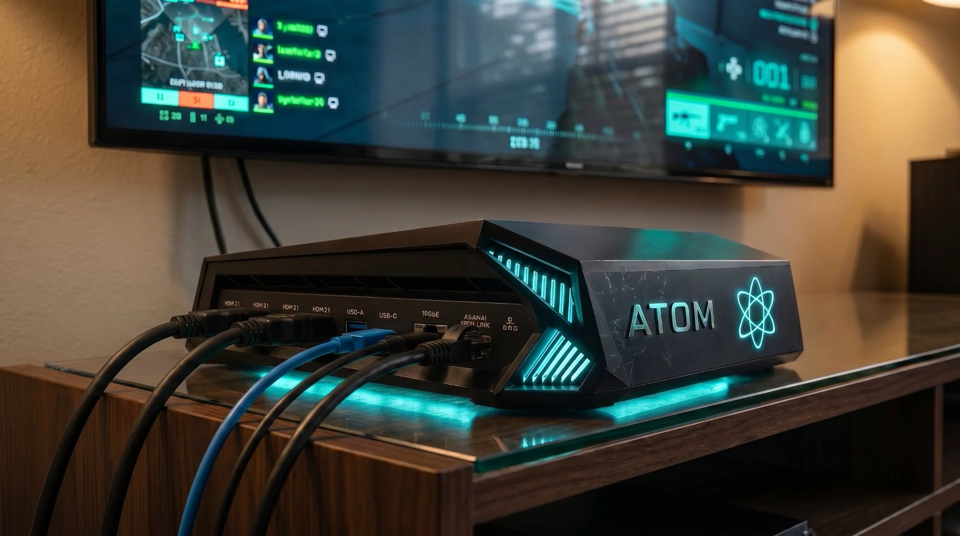 Rear I/O of the ATOM Edge Console showing HDMI 2.1, USB, 10GbE and Akamai Edge Link ports