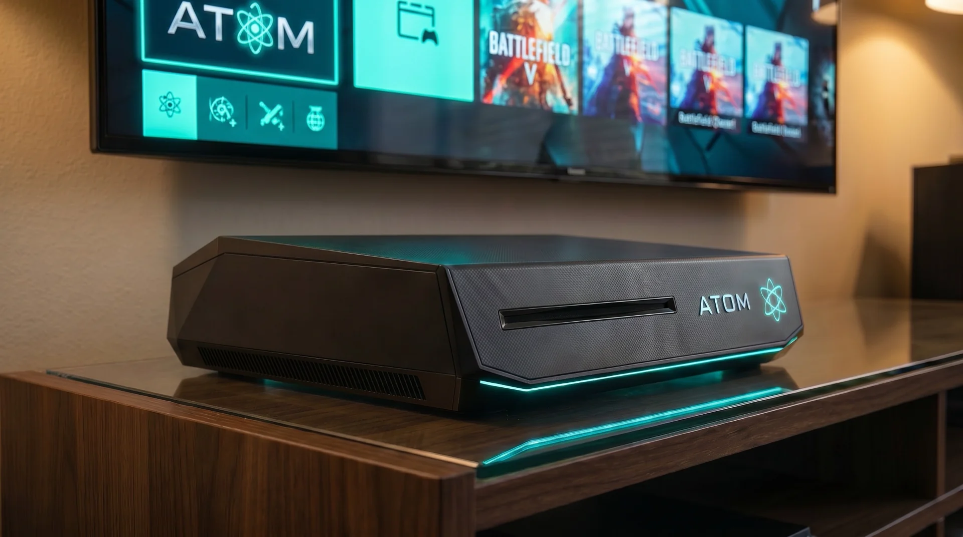 ATOM Edge Console with cyan underglow on a glass console stand, game library on the wall TV behind it